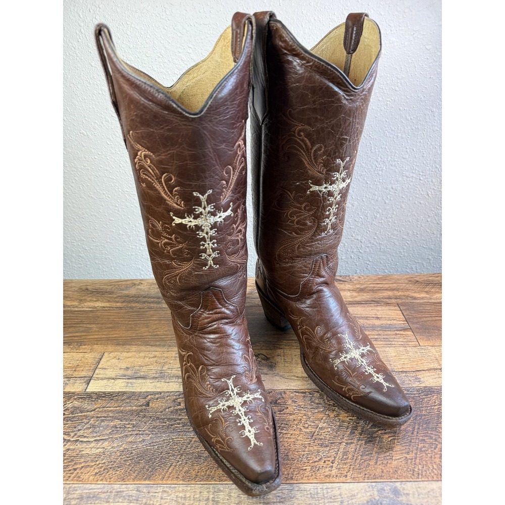 Circle G Corral Women's 8 M Brown Leather Cross Embroidered Western Cowboy Boots